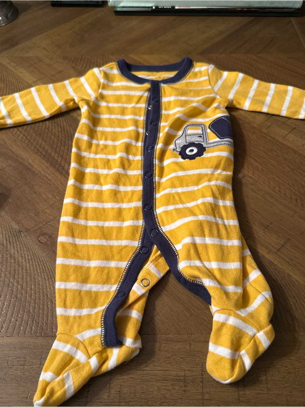 Carter's Yellow & White Striped Footed One-Piece with Truck Applique